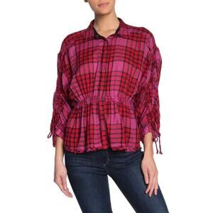 We The Free Pacific Dawn Plaid Red Combo Colorway Boho Relaxed Fit Top Large